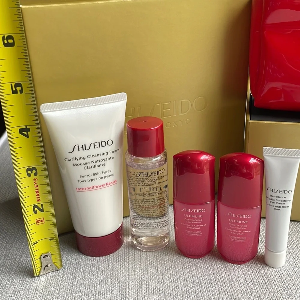 Shiseido travel sized products with makeup pouch and gift box